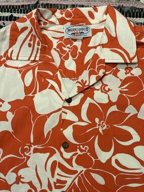 Pacific Legend Apparel Mens M Orange Hibiscus Floral Hawaiian Shirt Made in USA